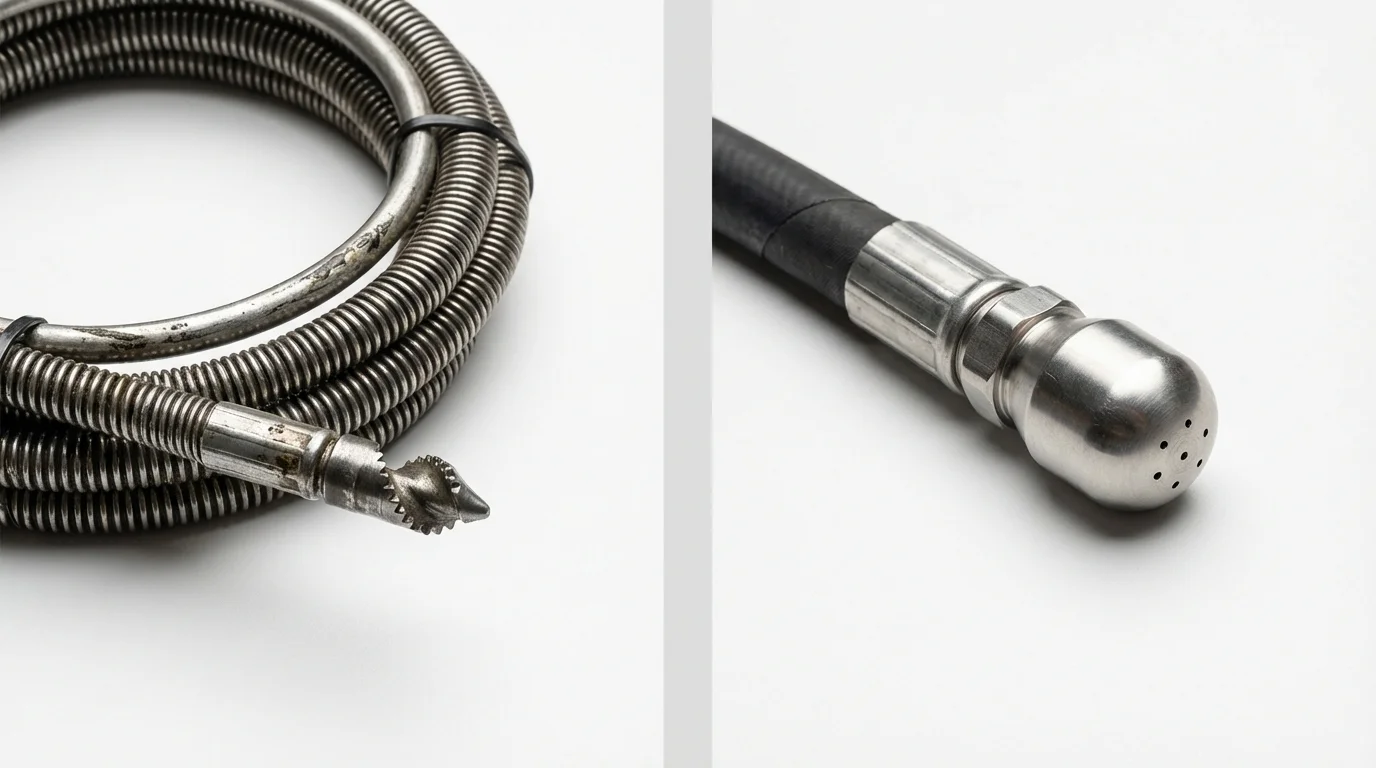 Drain snake cable and hydro jetting nozzle used for drain cleaning in Carmel, IN