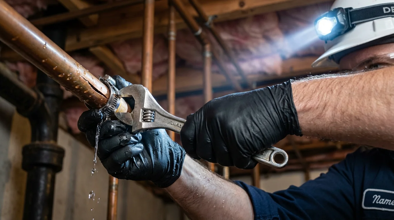 Emergency pipe clamp repair being performed by a Johns Plumbing LLC plumber in Carmel