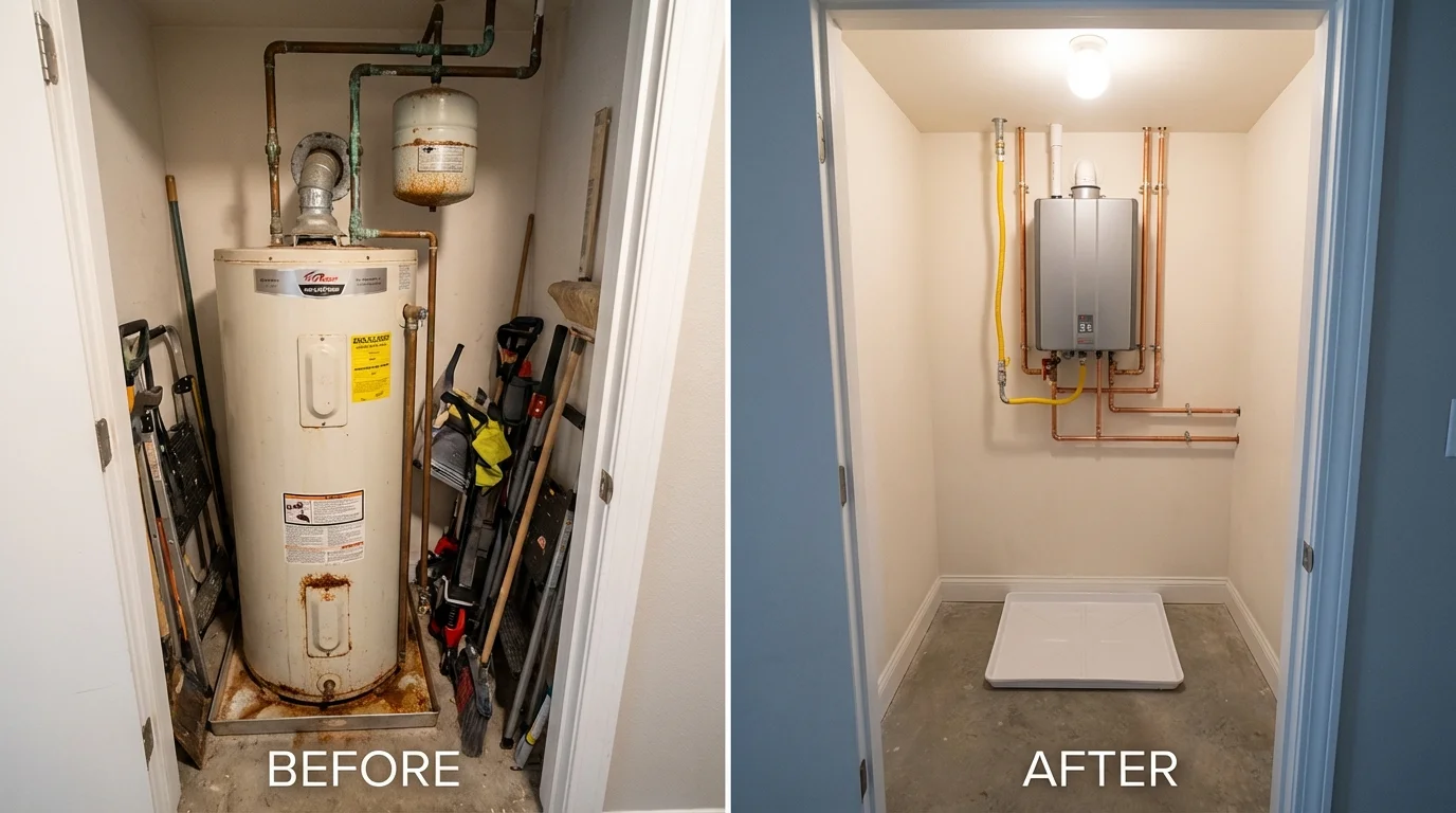 Tank water heater versus wall-mounted tankless unit comparison for Carmel, IN homeowners