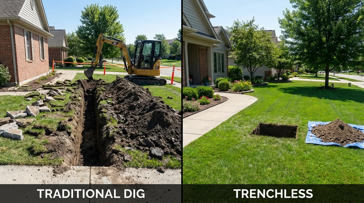 Trenchless sewer repair with minimal yard damage versus traditional excavation in Carmel, IN