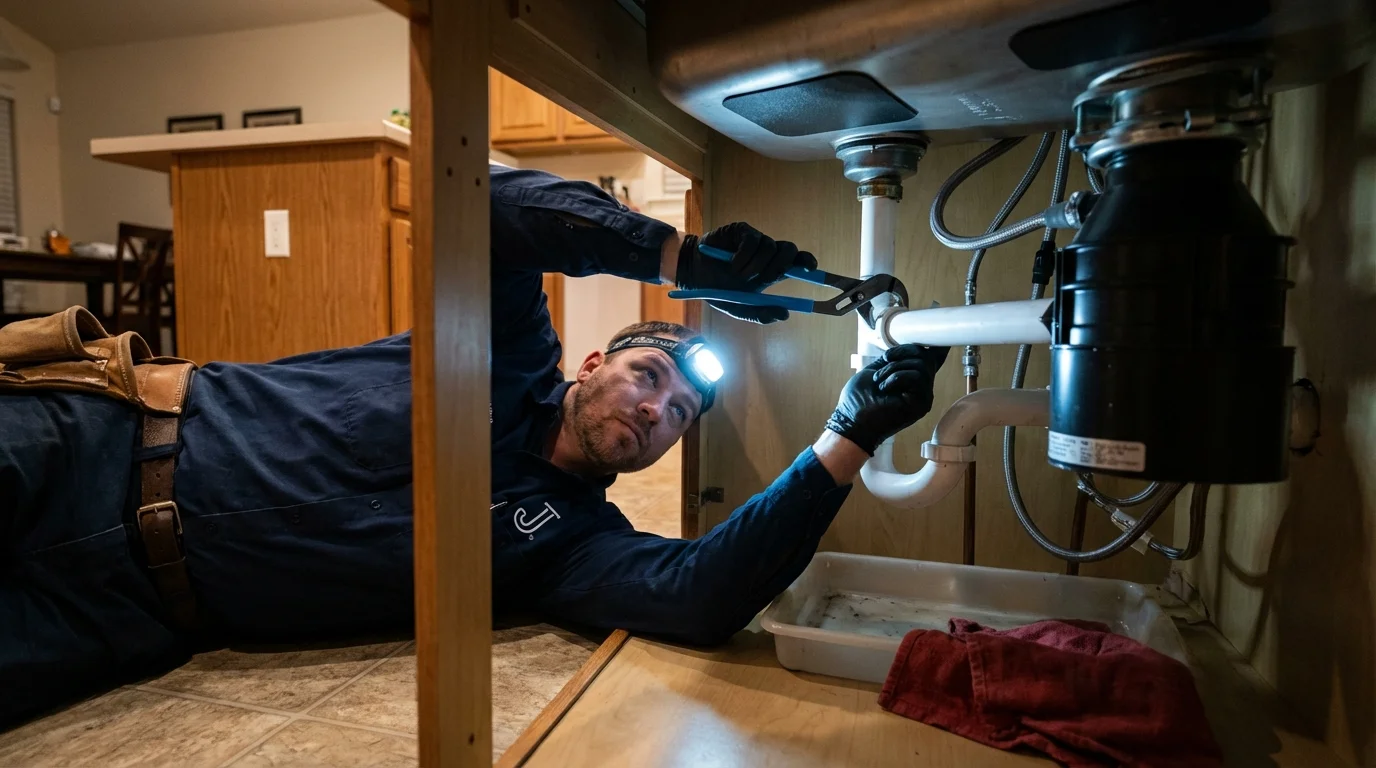 P-trap and supply line connections under a kitchen sink showing a common leak point in Carmel, IN